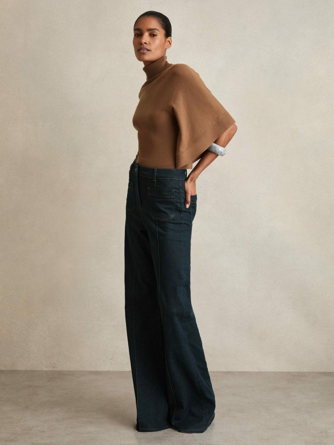 Reiss Merino Wool Batwing Roll-Neck Jumper in Tan