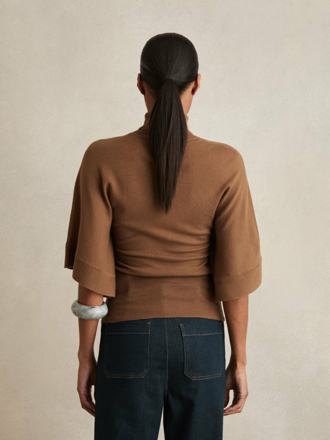 Reiss Merino Wool Batwing Roll-Neck Jumper in Tan