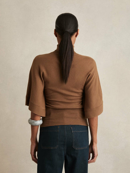 Reiss Merino Wool Batwing Roll-Neck Jumper in Tan