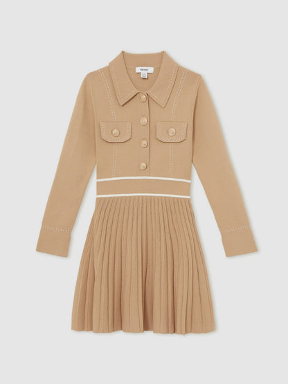 Reiss 13-14 yrs Button-Detail Stripe Knitted Dress in Camel