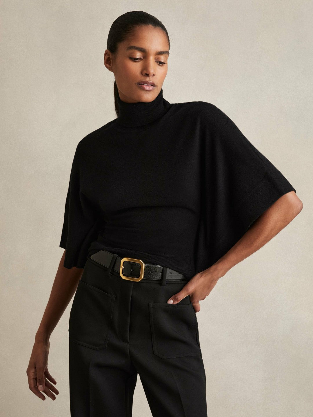 Reiss Merino Wool Batwing Roll-Neck Jumper in Black