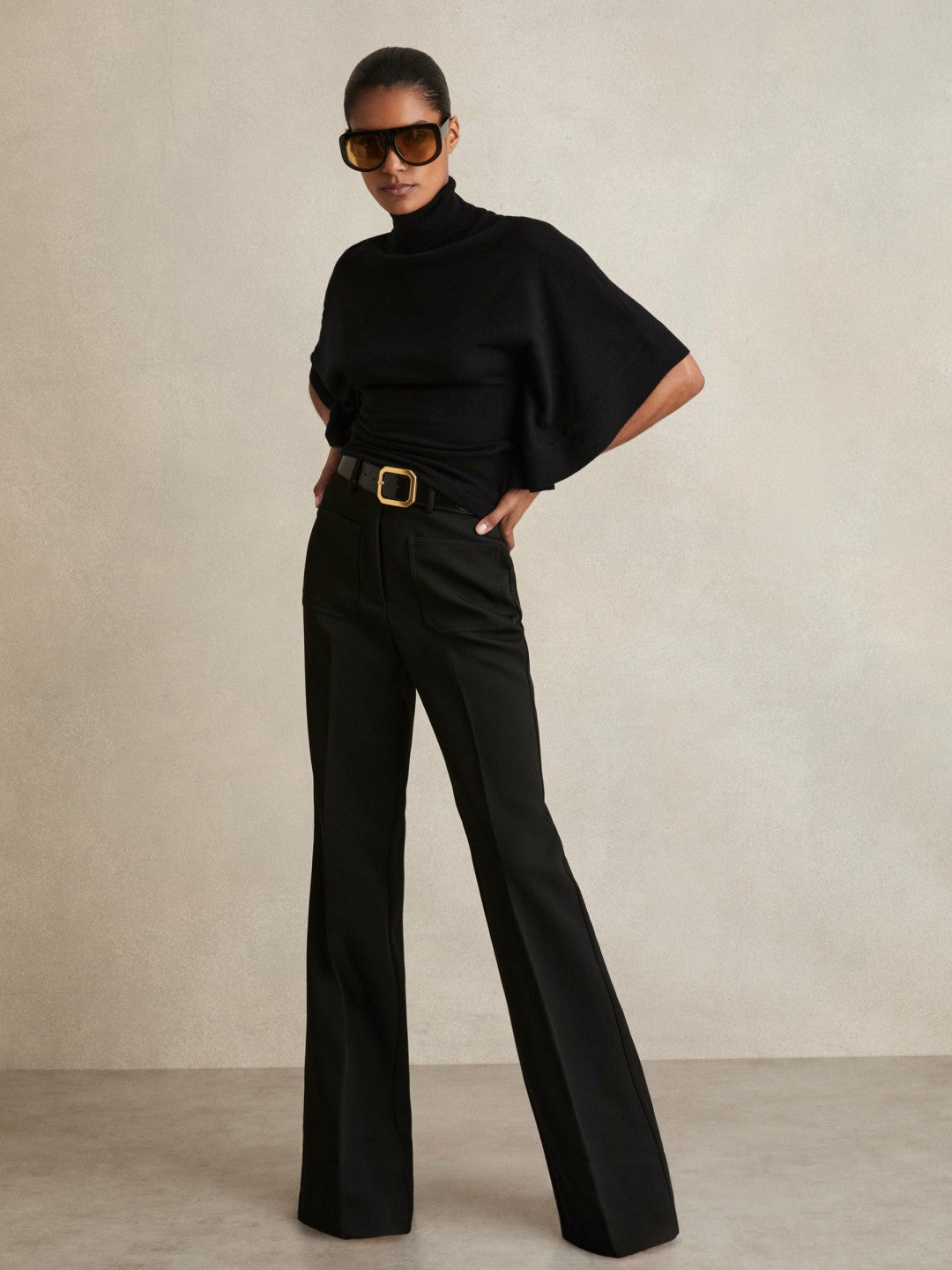 Reiss Merino Wool Batwing Roll-Neck Jumper in Black