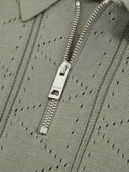 Reiss 3-9 yrs Half-Zip Pointelle Polo Shirt in Sage