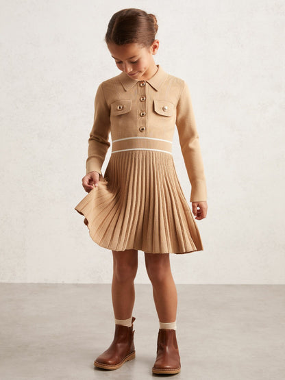 Reiss 3-9 yrs Button-Detail Stripe Knitted Dress in Camel
