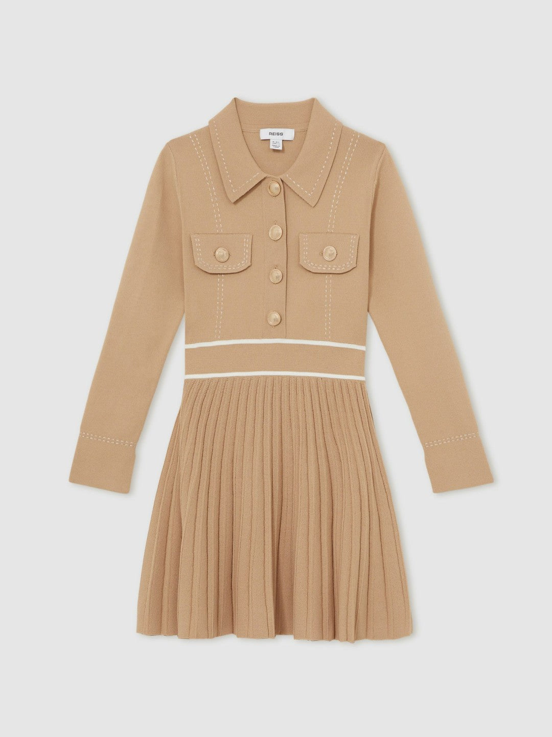 Reiss 3-9 yrs Button-Detail Stripe Knitted Dress in Camel