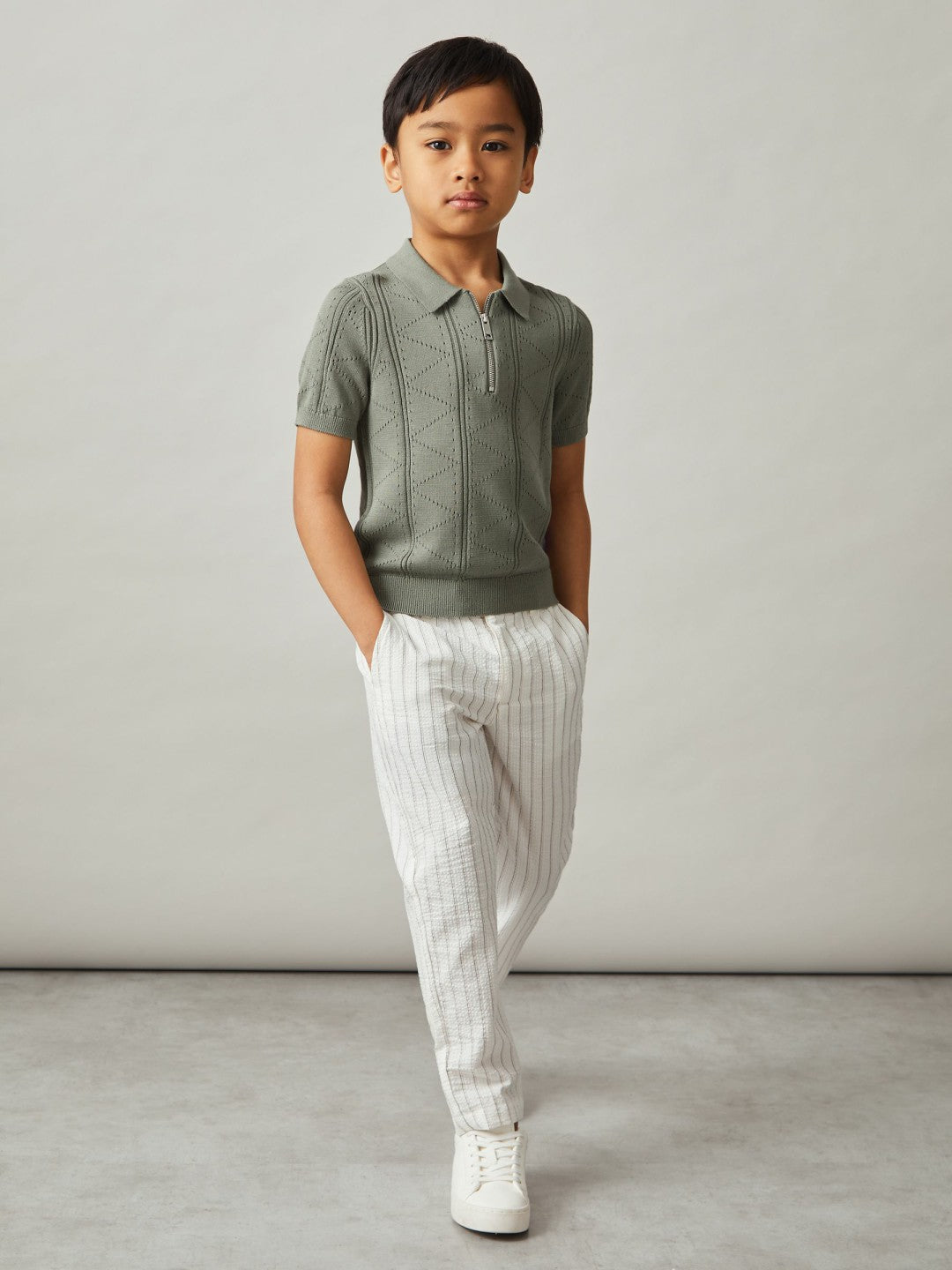 Reiss 9-13 yrs Half-Zip Pointelle Polo Shirt in Sage