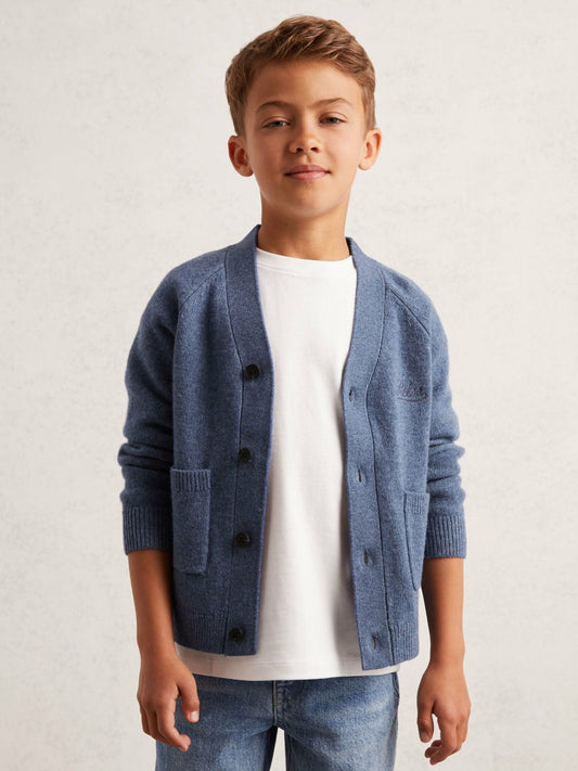 Reiss 3-9 yrs Wool Embroidered-Logo Cardigan in Dark Airforce Blue