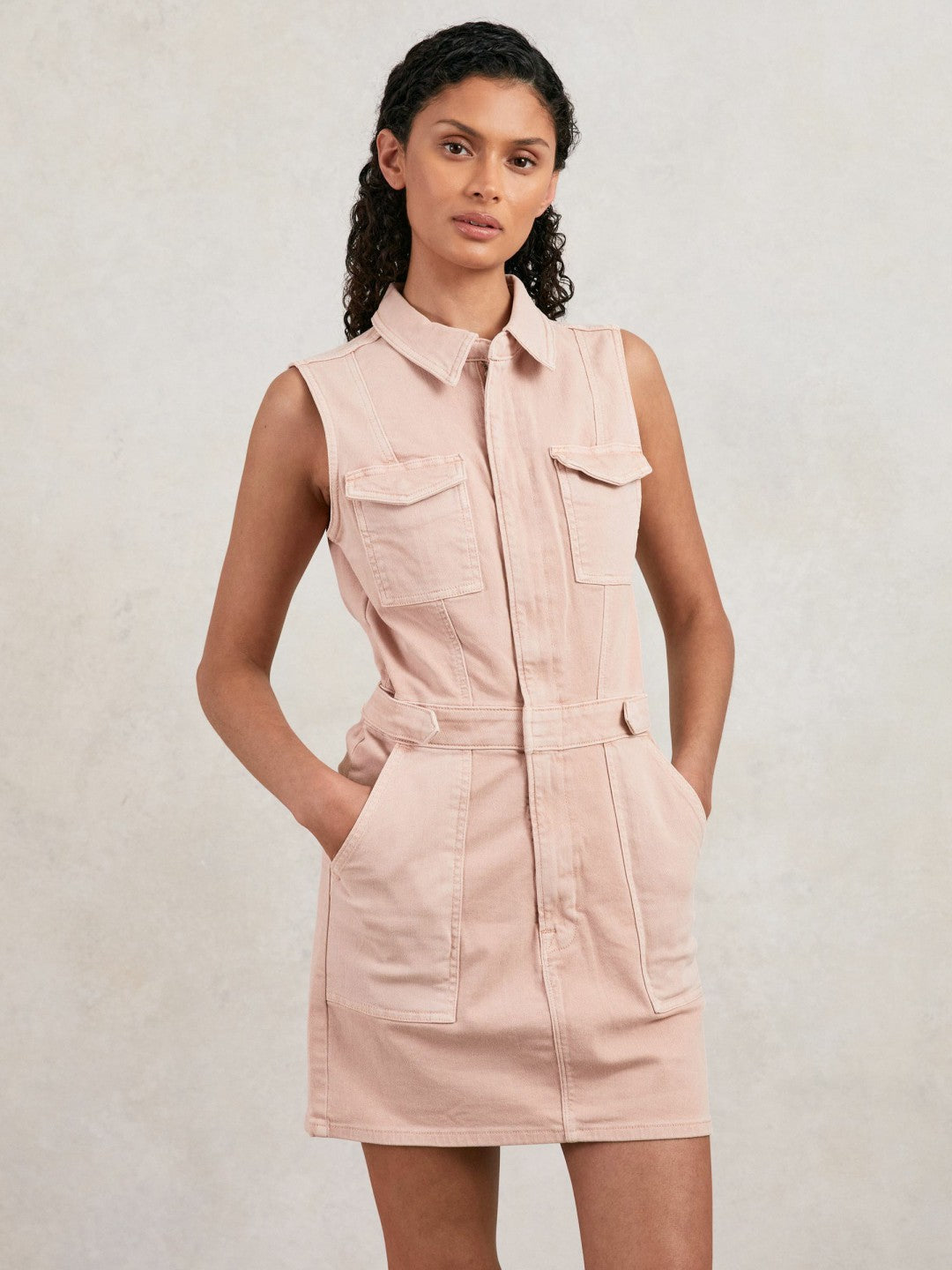 Reiss Good American Denim Zipped Mini Dress in Petal Pink