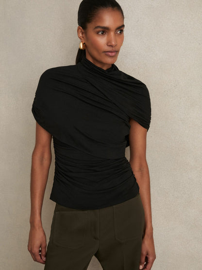 Reiss Stretch Lyocell Draped Top in Black