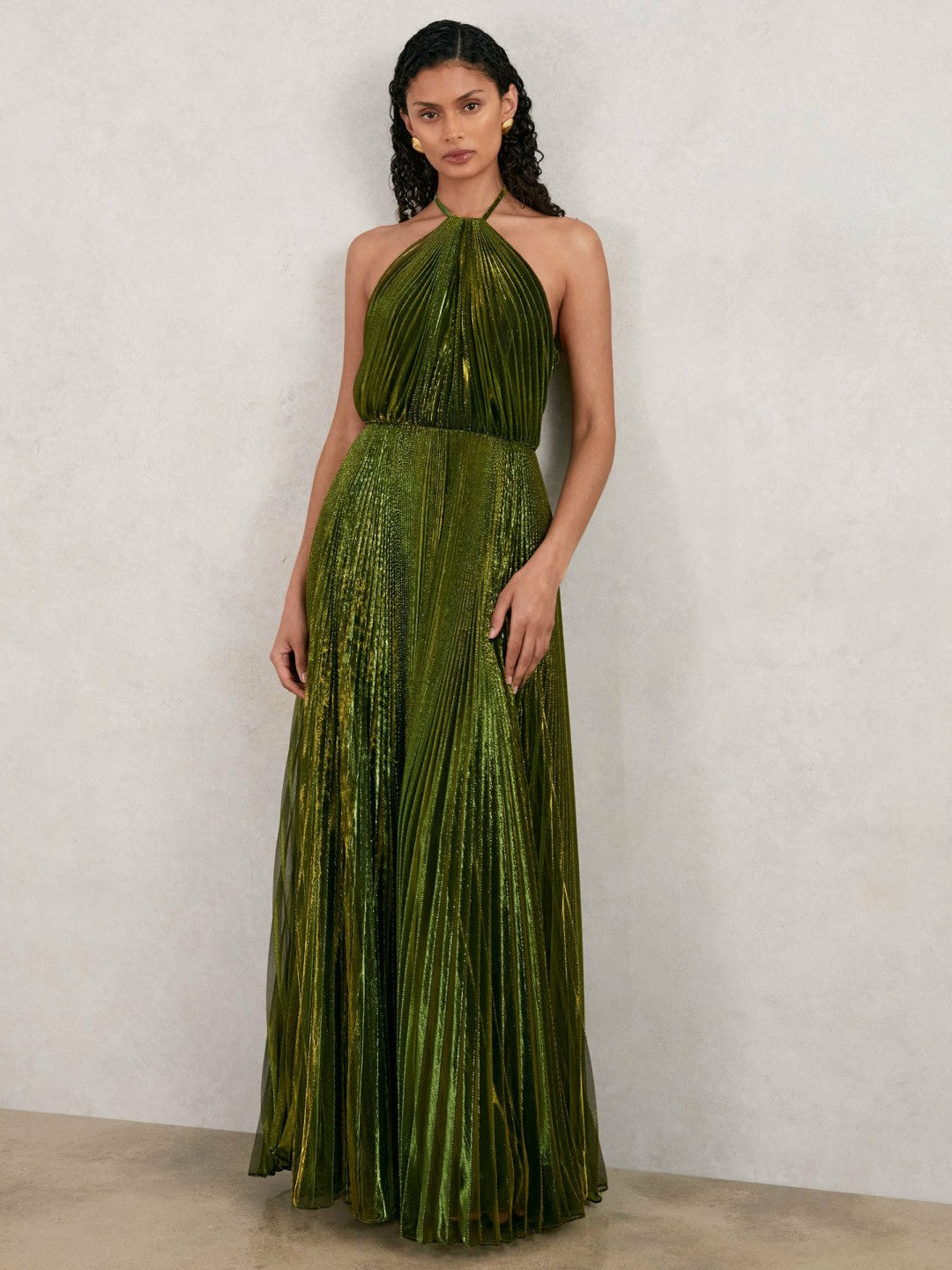 Reiss Halston Metallic Pleated Maxi Dress in Dark Olive Green