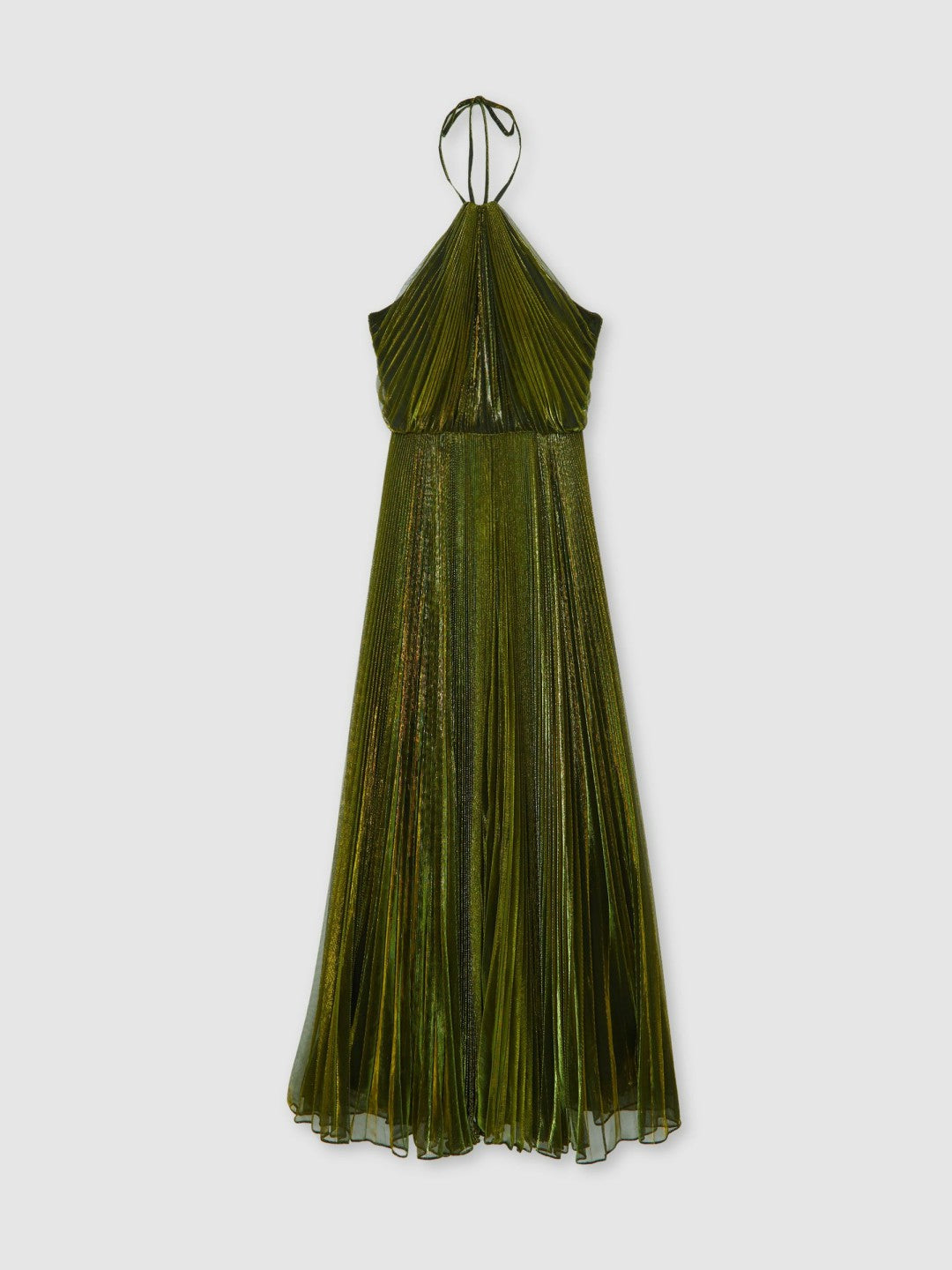 Reiss Halston Metallic Pleated Maxi Dress in Dark Olive Green