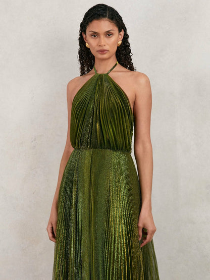 Reiss Halston Metallic Pleated Maxi Dress in Dark Olive Green