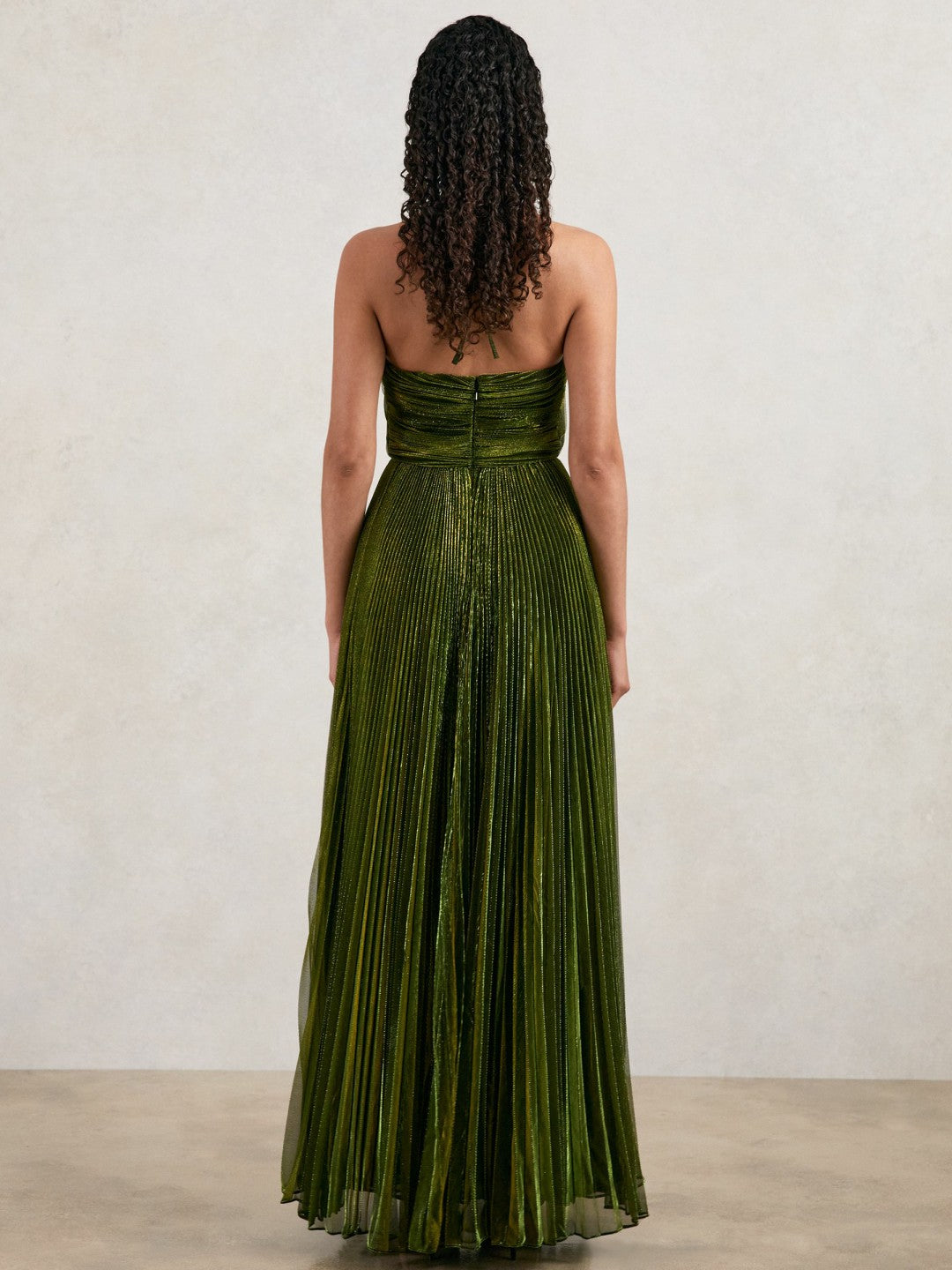 Reiss Halston Metallic Pleated Maxi Dress in Dark Olive Green