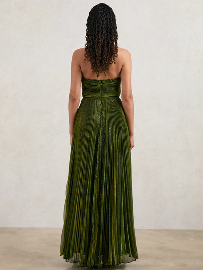 Reiss Halston Metallic Pleated Maxi Dress in Dark Olive Green