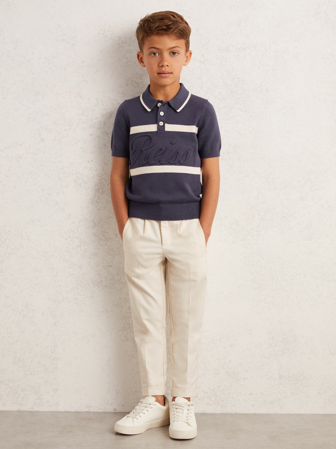 Reiss 9-13 yrs Cotton Logo-Embossed Knit Polo Shirt in Indigo Blue/White