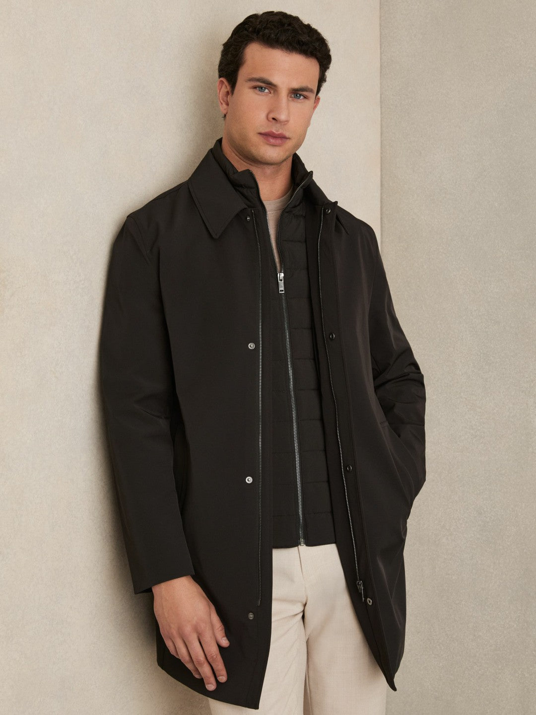 Reiss Hybrid Removable Funnel Neck Overcoat in Brown