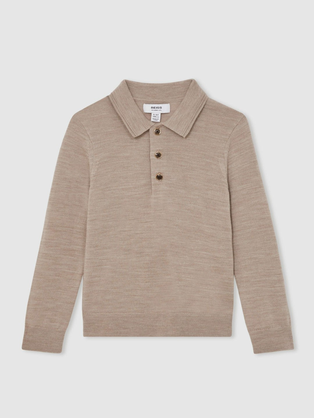 Reiss 13-14 yrs Merino Wool Long-Sleeve Polo Shirt in Wheat Melange