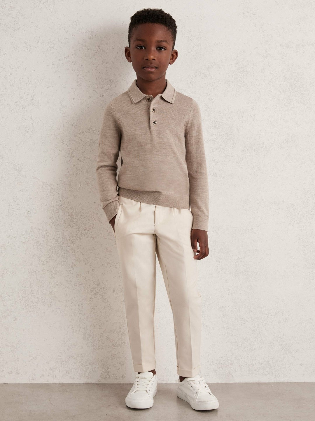 Reiss 13-14 yrs Merino Wool Long-Sleeve Polo Shirt in Wheat Melange