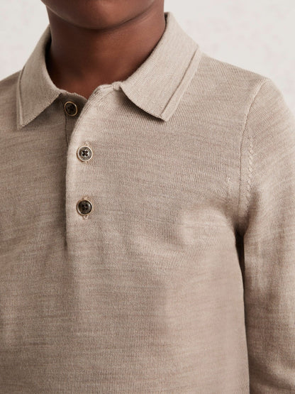 Reiss 13-14 yrs Merino Wool Long-Sleeve Polo Shirt in Wheat Melange