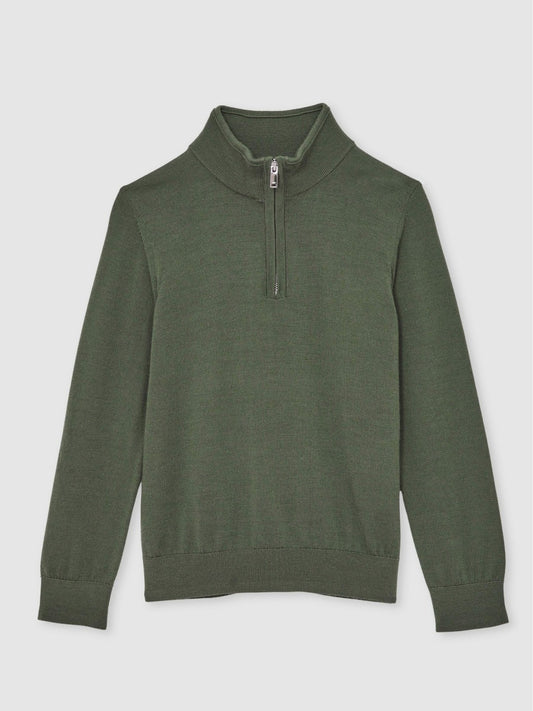 Reiss 13-14 yrs Merino Wool Half-Zip Funnel Neck Jumper in Kale Green