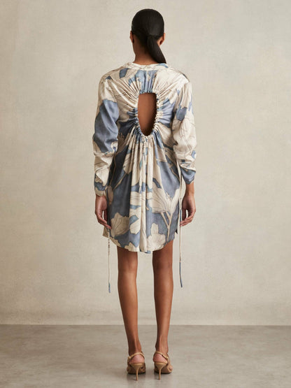 Reiss Floral Print Gathered Cut Out Shirt Dress in Blue
