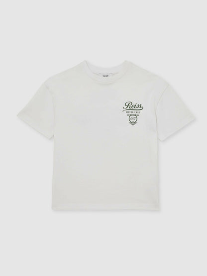 Reiss Cotton Motor Cars-Print T-Shirt in White/Green