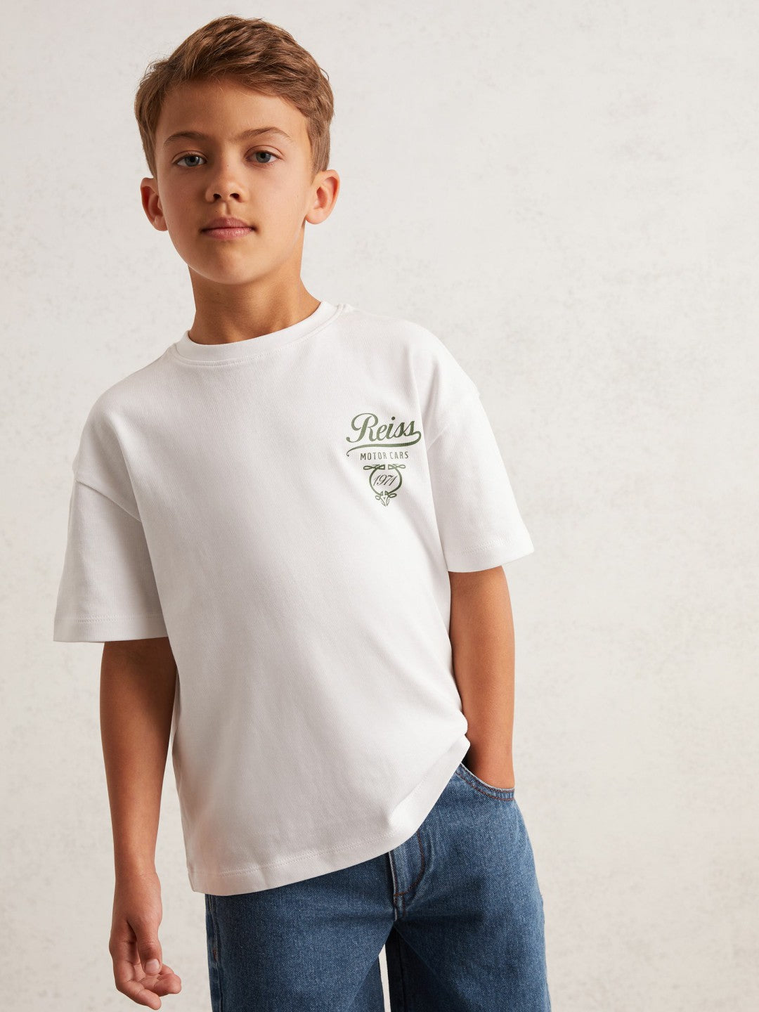 Reiss Cotton Motor Cars-Print T-Shirt in White/Green