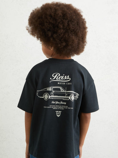 Reiss Cotton Motor Cars-Print T-Shirt in Blue