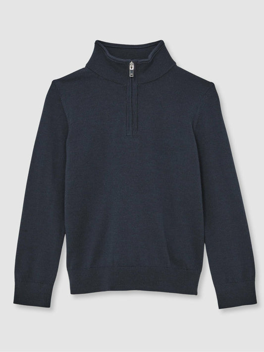 Reiss 13-14 yrs Merino Wool Half-Zip Funnel Neck Jumper in Midnight Navy
