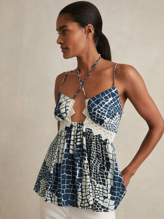 Reiss Animal Print Lace Trim Cami Top in Blue