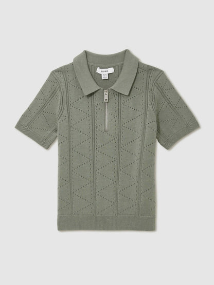Reiss 13-14 yrs Half-Zip Pointelle Polo Shirt in Sage