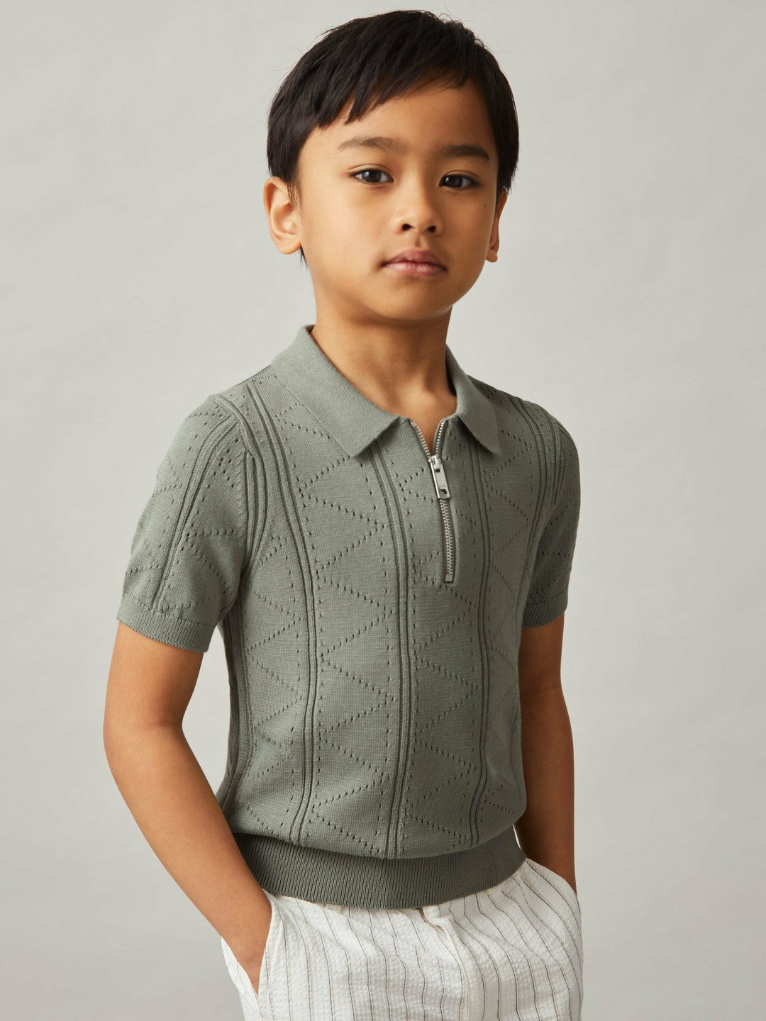 Reiss 13-14 yrs Half-Zip Pointelle Polo Shirt in Sage