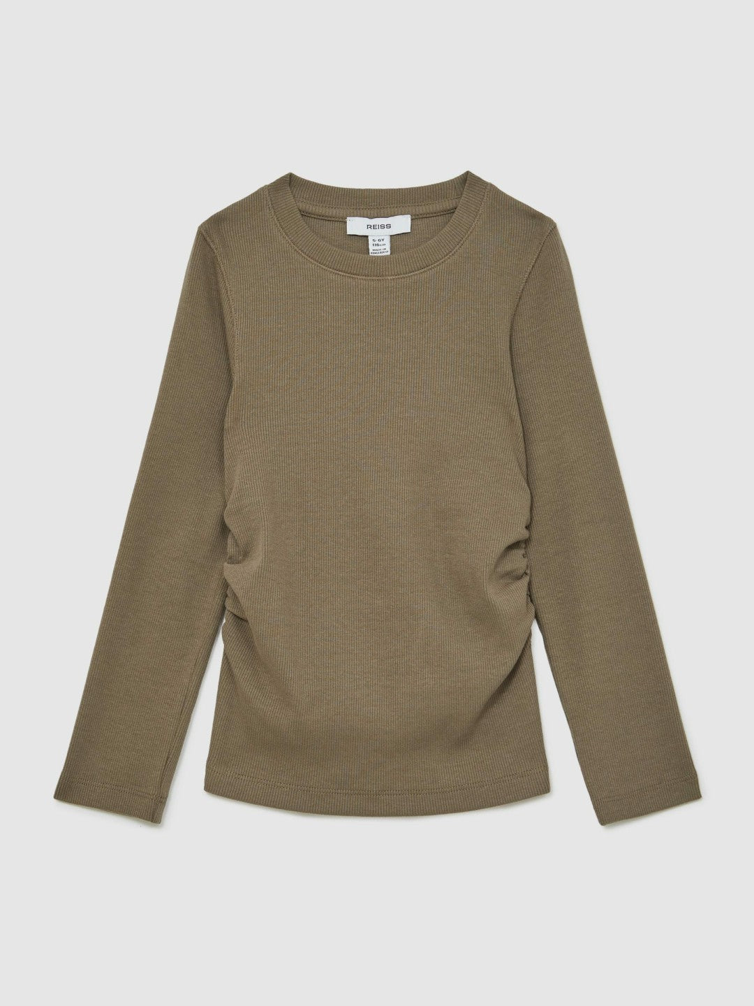 Reiss 13-14 yrs Cotton Ruched Long-Sleeve T-Shirt with Stretch in Khaki