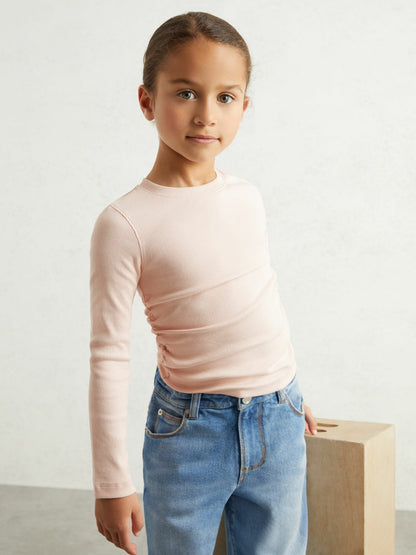 Reiss 13-14 yrs Cotton Ruched Long-Sleeve T-Shirt with Stretch in Pale Pink