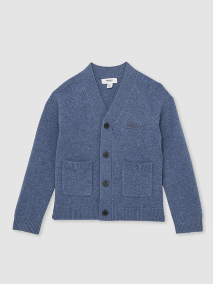 Reiss 13-14 yrs Wool Embroidered-Logo Cardigan in Dark Airforce Blue