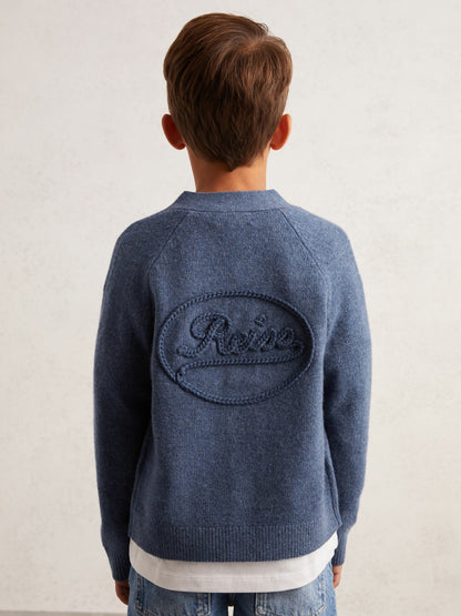Reiss 13-14 yrs Wool Embroidered-Logo Cardigan in Dark Airforce Blue