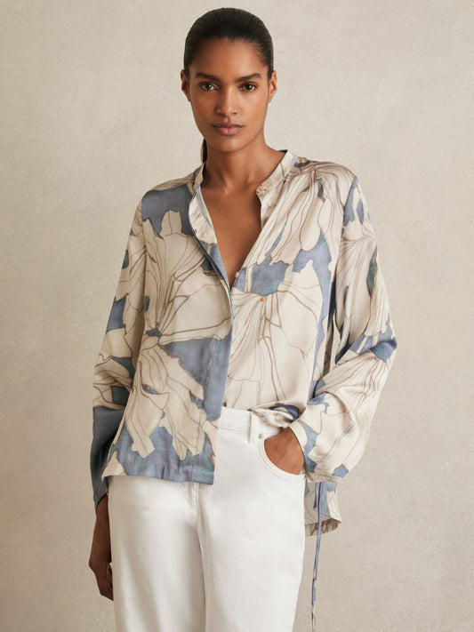 Reiss Floral Print Gathered Cut Out Shirt in Blue