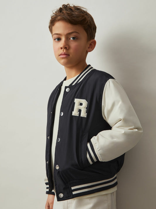 Reiss 9-13 yrs Colour-Block Varsity Bomber Jacket in Navy/ Off White