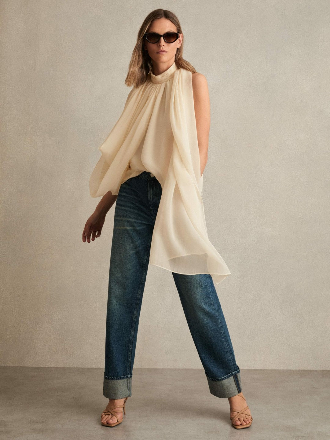 Reiss Draped Chiffon Sleeveless Top in Ivory