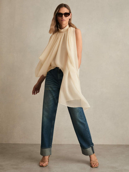 Reiss Draped Chiffon Sleeveless Top in Ivory