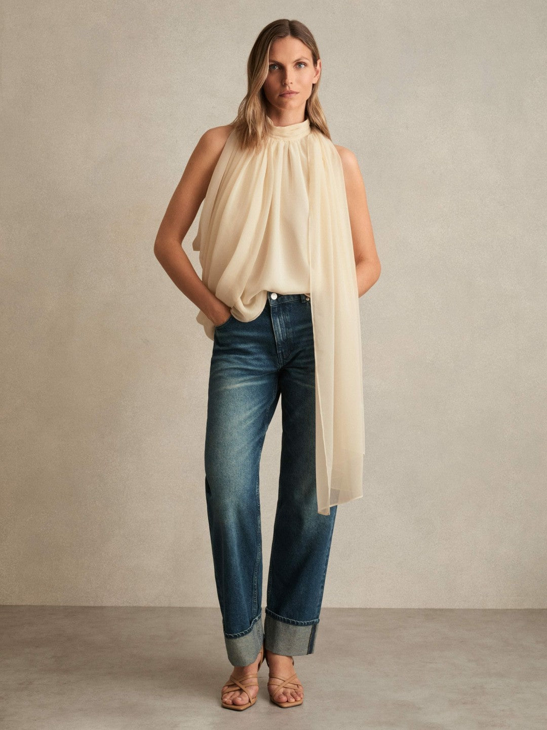 Reiss Draped Chiffon Sleeveless Top in Ivory