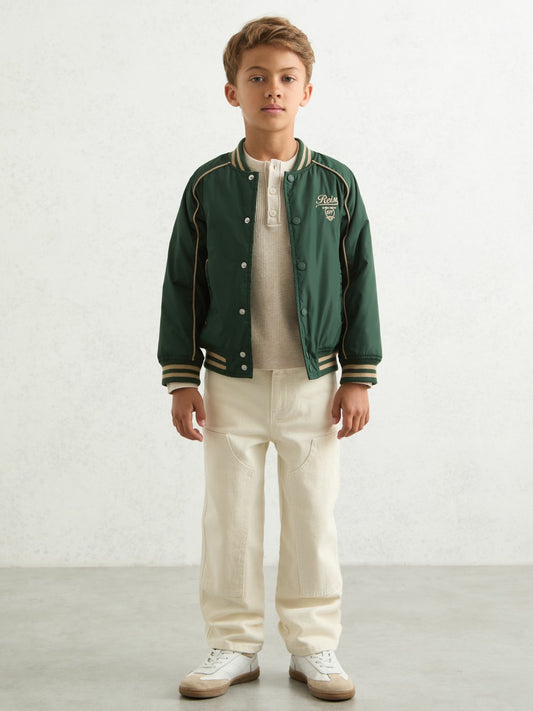 Reiss 9-13 yrs Motor Cars Embroidered Bomber Jacket in Forest Green/Off White