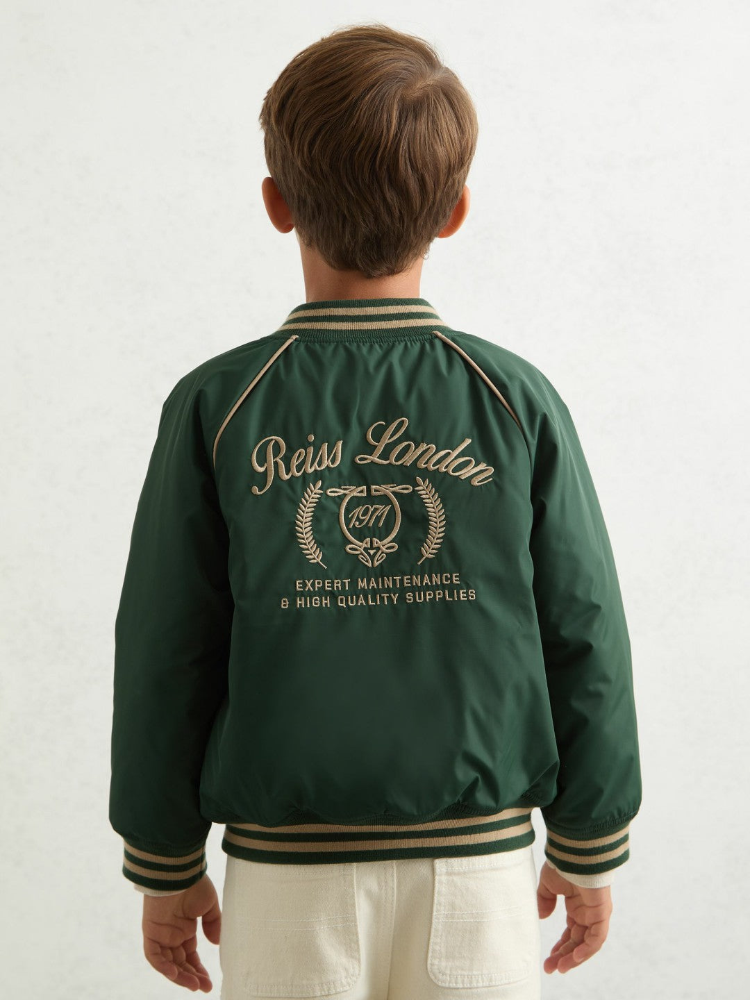 Reiss 9-13 yrs Motor Cars Embroidered Bomber Jacket in Forest Green/Off White