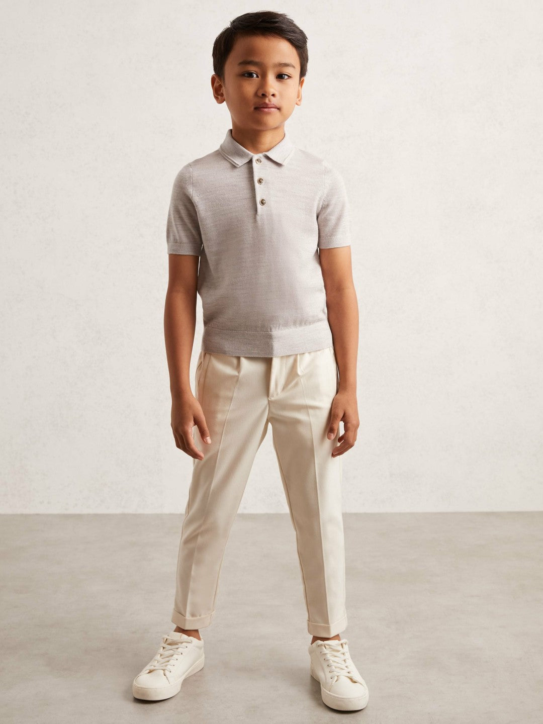 Reiss 9-13 yrs Merino Wool Short Sleeve Polo Shirt in Wicker Melange