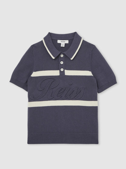 Reiss 13-14 yrs Cotton Logo-Embossed Knit Polo Shirt in Indigo Blue/White