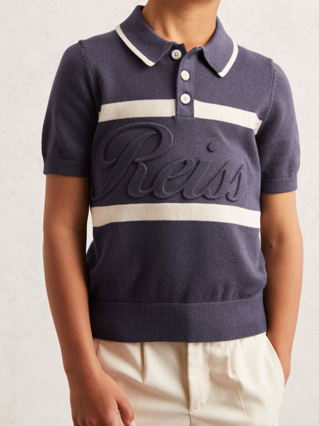 Reiss 13-14 yrs Cotton Logo-Embossed Knit Polo Shirt in Indigo Blue/White