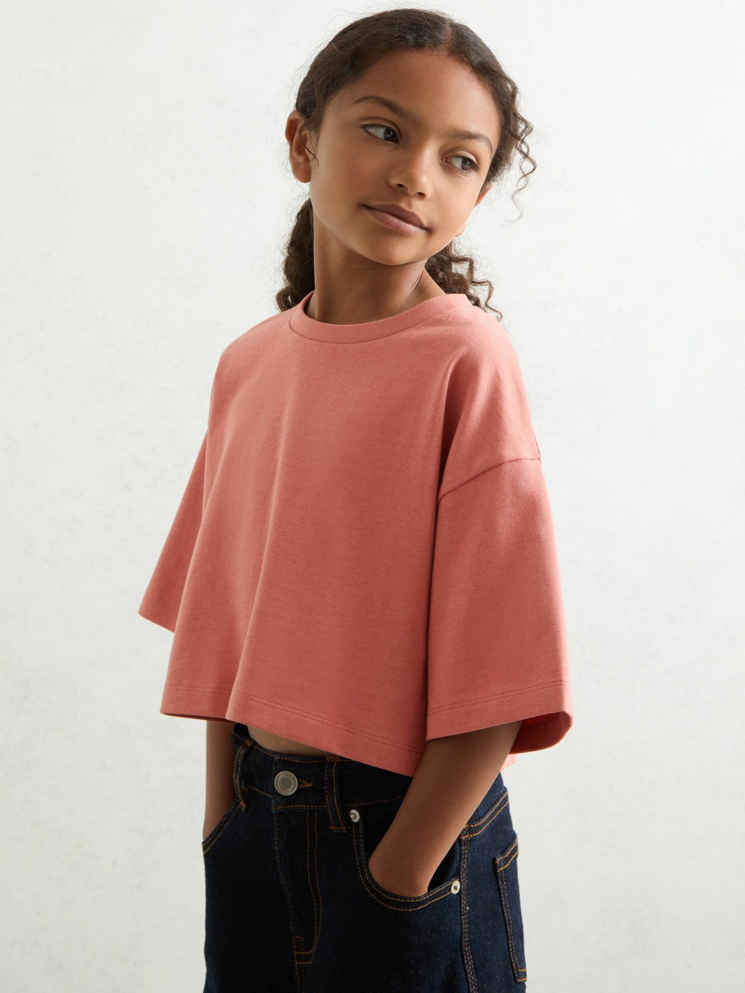 Reiss Cotton Oversized Cropped T-Shirt in Rose