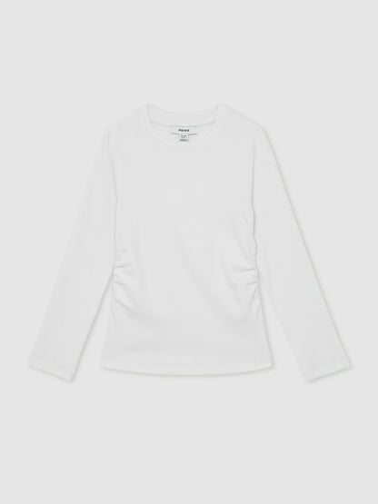 Reiss 9-13 yrs Cotton Ruched Long-Sleeve T-Shirt with Stretch in Ivory