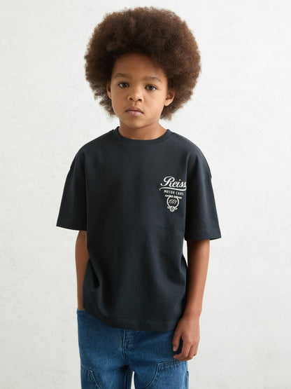 Reiss 13-14 yrs Cotton Motor Cars-Print T-Shirt in Washed Blue/White