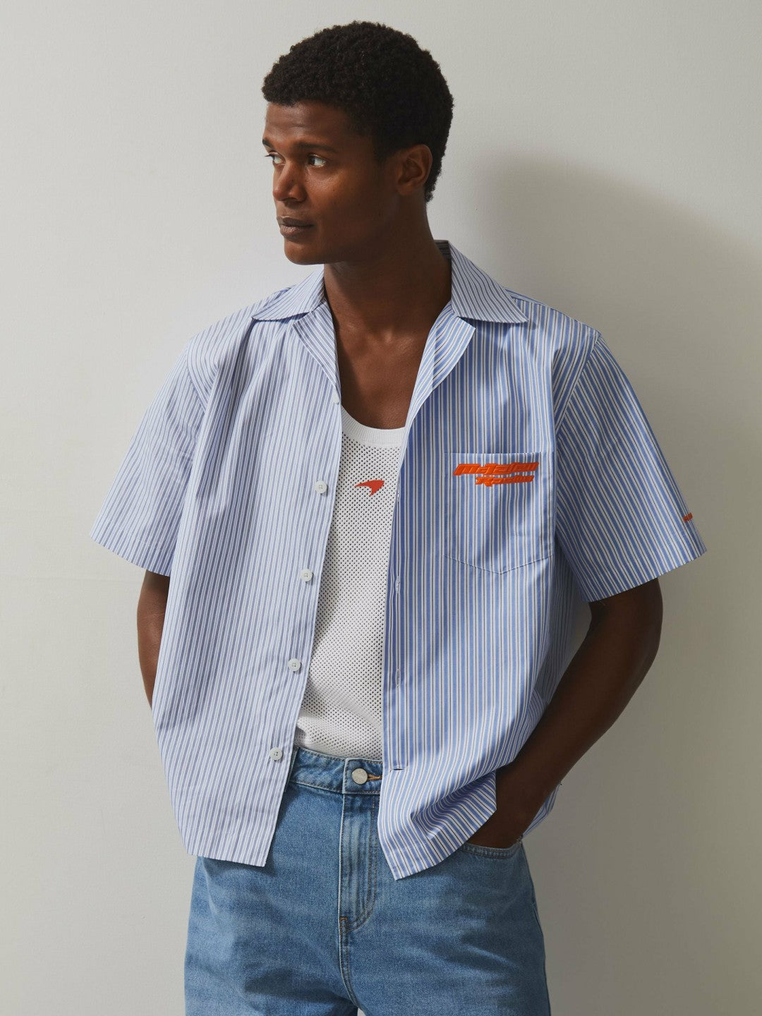 Reiss McLaren F1 Team Cuban Collar Striped Shirt in Soft Blue/White